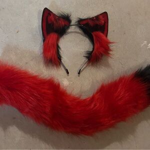 Red and Black Furry Cat Ears and Tail Set